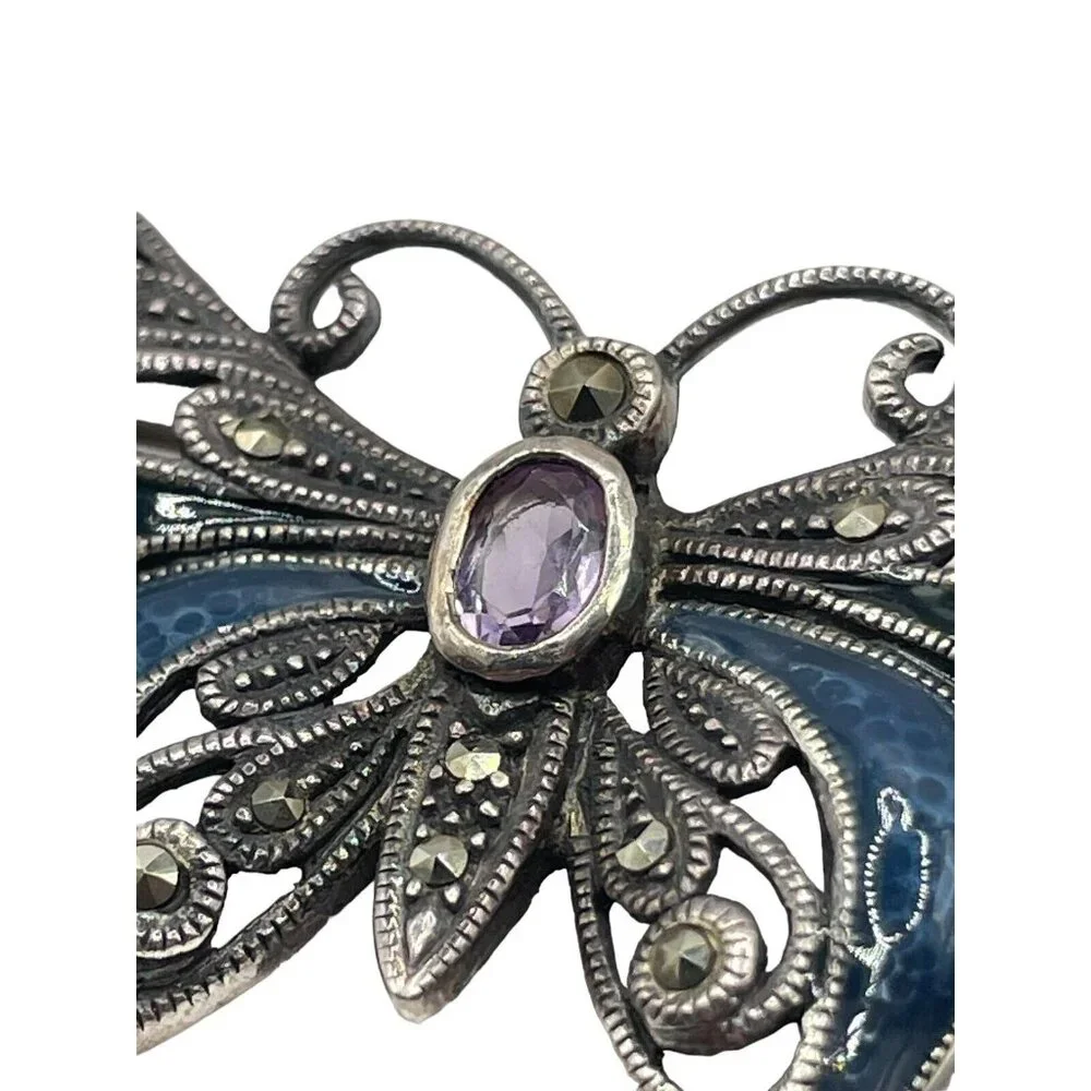 Sterling Silver 925 Faceted Amethyst Marcasite Enameled Butterfly Brooch Pin VTG